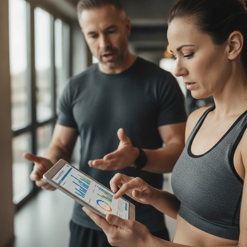 A close-up shot of a fitness coach (blurred in background) explaining a personalized peptide therapy protocol to a client (focused in foreground), who is reviewing a chart or tablet with graphs and da