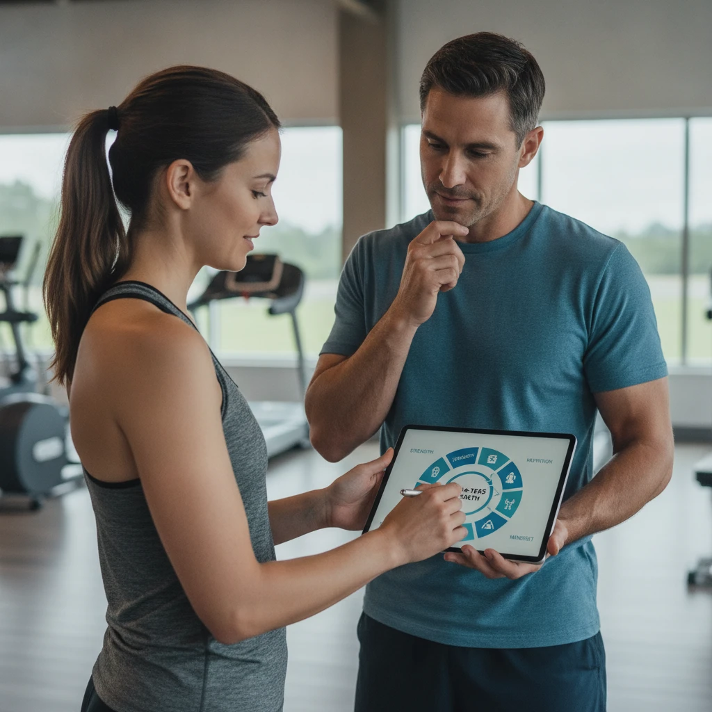 A professional medical fitness coach discussing a personalized wellness plan with an adult client in a modern, clean fitness studio. The coach points to a diagram showing interconnected elements of he