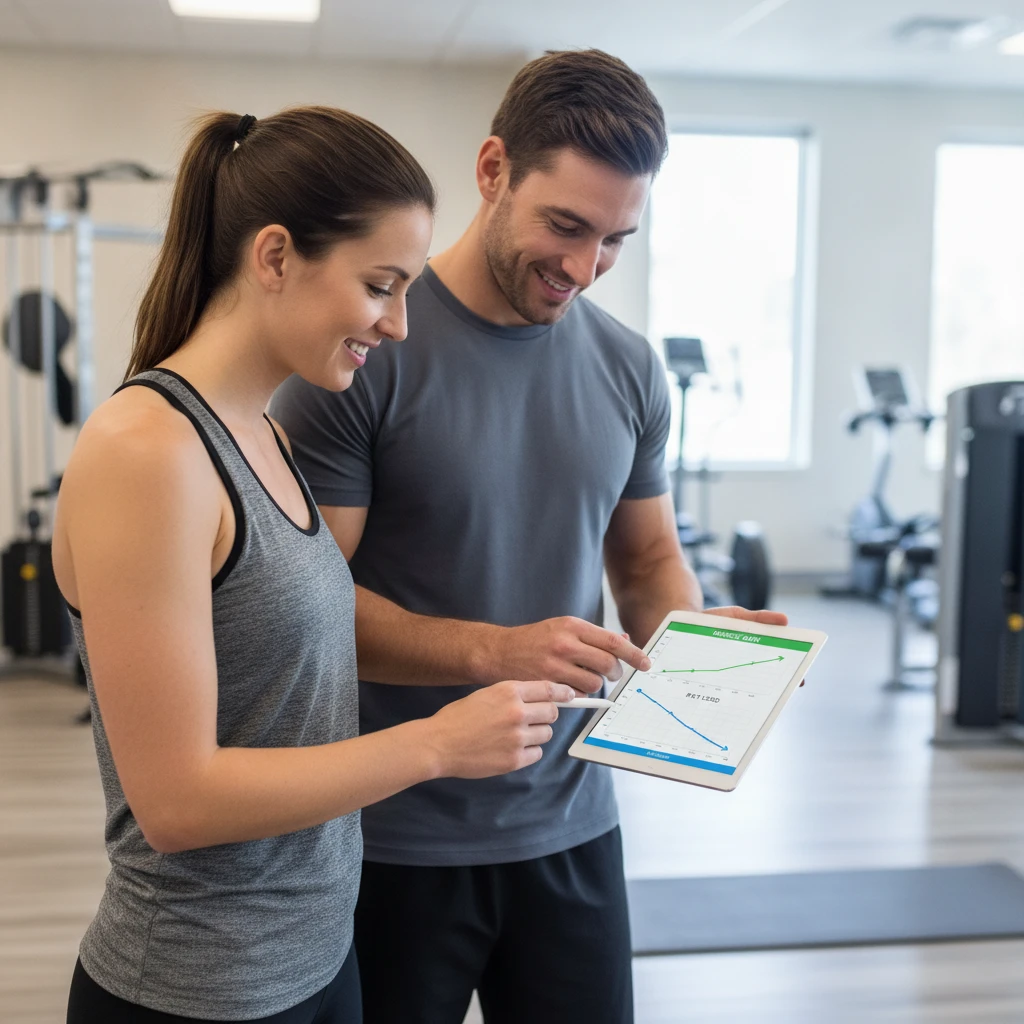A personal trainer and a client reviewing a progress chart on a tablet, showing graphs of muscle gain and fat loss in a medical fitness setting.