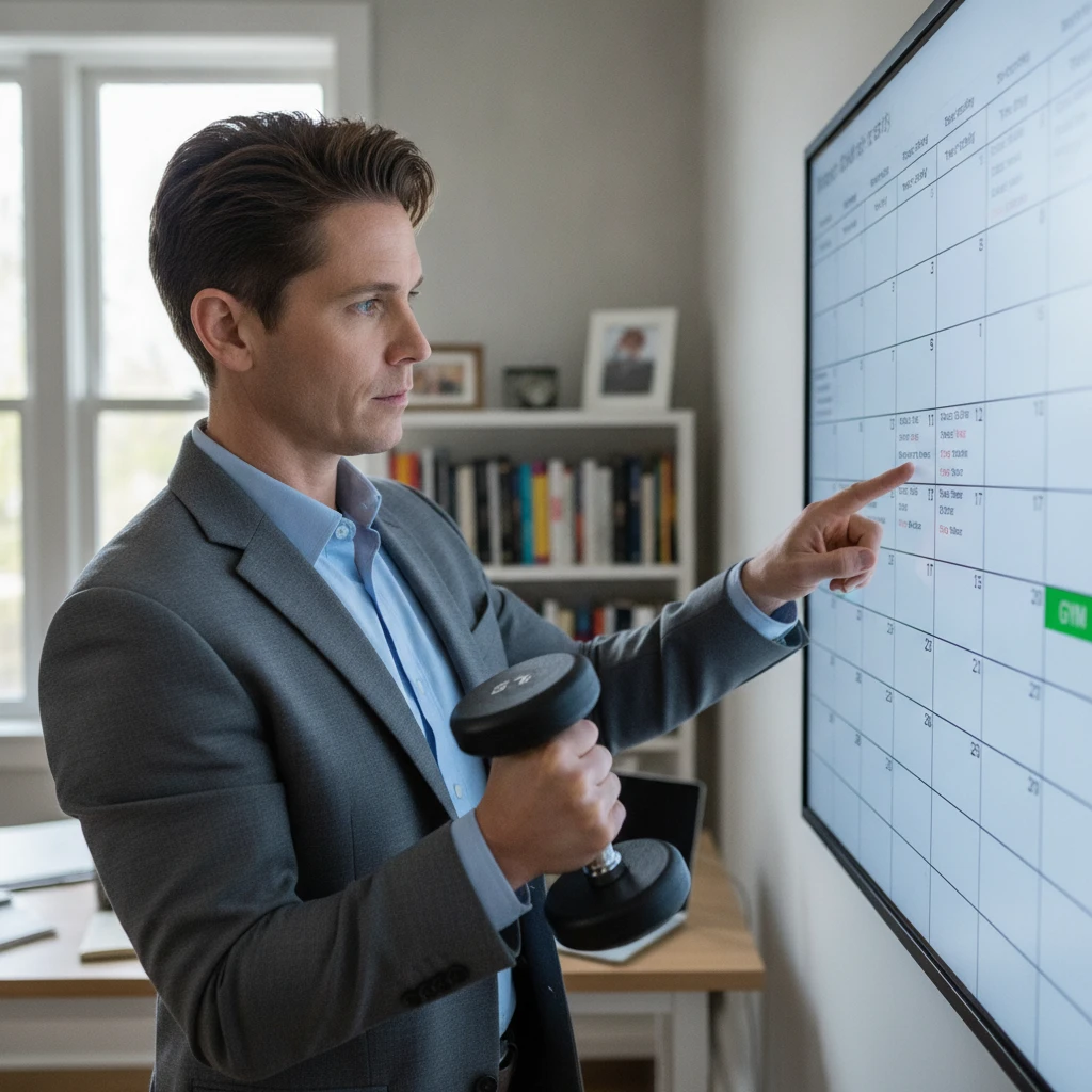 A busy professional adult, likely in their 40s or 50s, looking at a calendar while holding a small weight, symbolizing the challenge of fitting fitness into a demanding schedule.