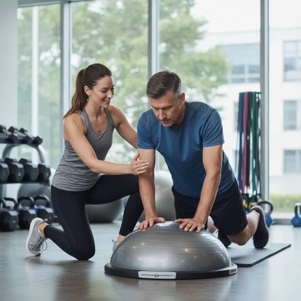 A personal trainer demonstrating a modified exercise to a middle-aged client in a modern, well-equipped gym setting, highlighting personalized instruction.