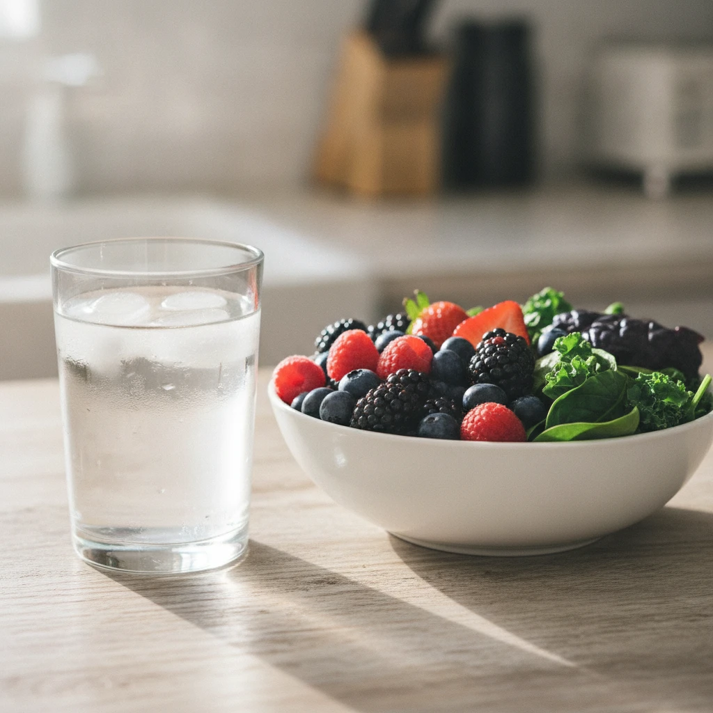 A glass of water next to a bowl of fresh berries and leafy greens, symbolizing hydration and anti-inflammatory nutrition for joint health.