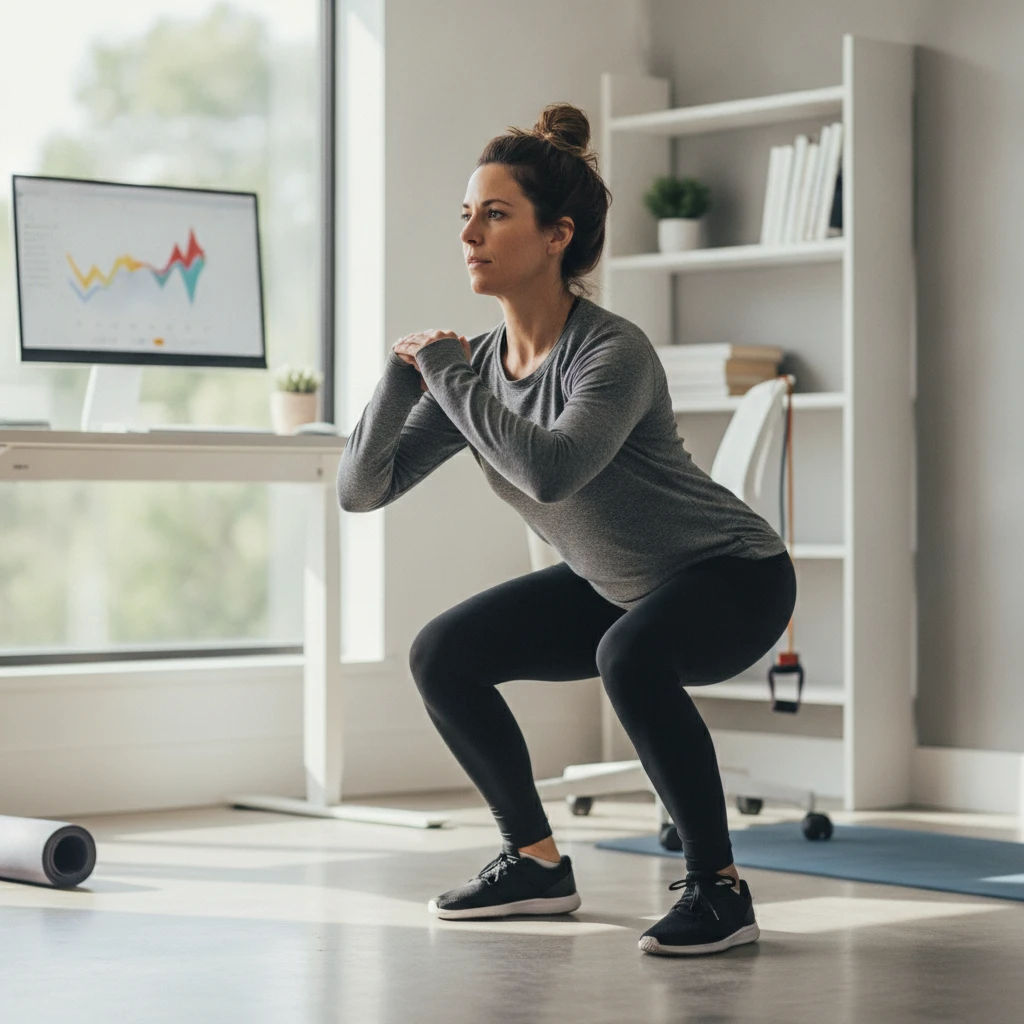 A person performing bodyweight squats in their home office, emphasizing short, efficient workouts that can be done anywhere, anytime.