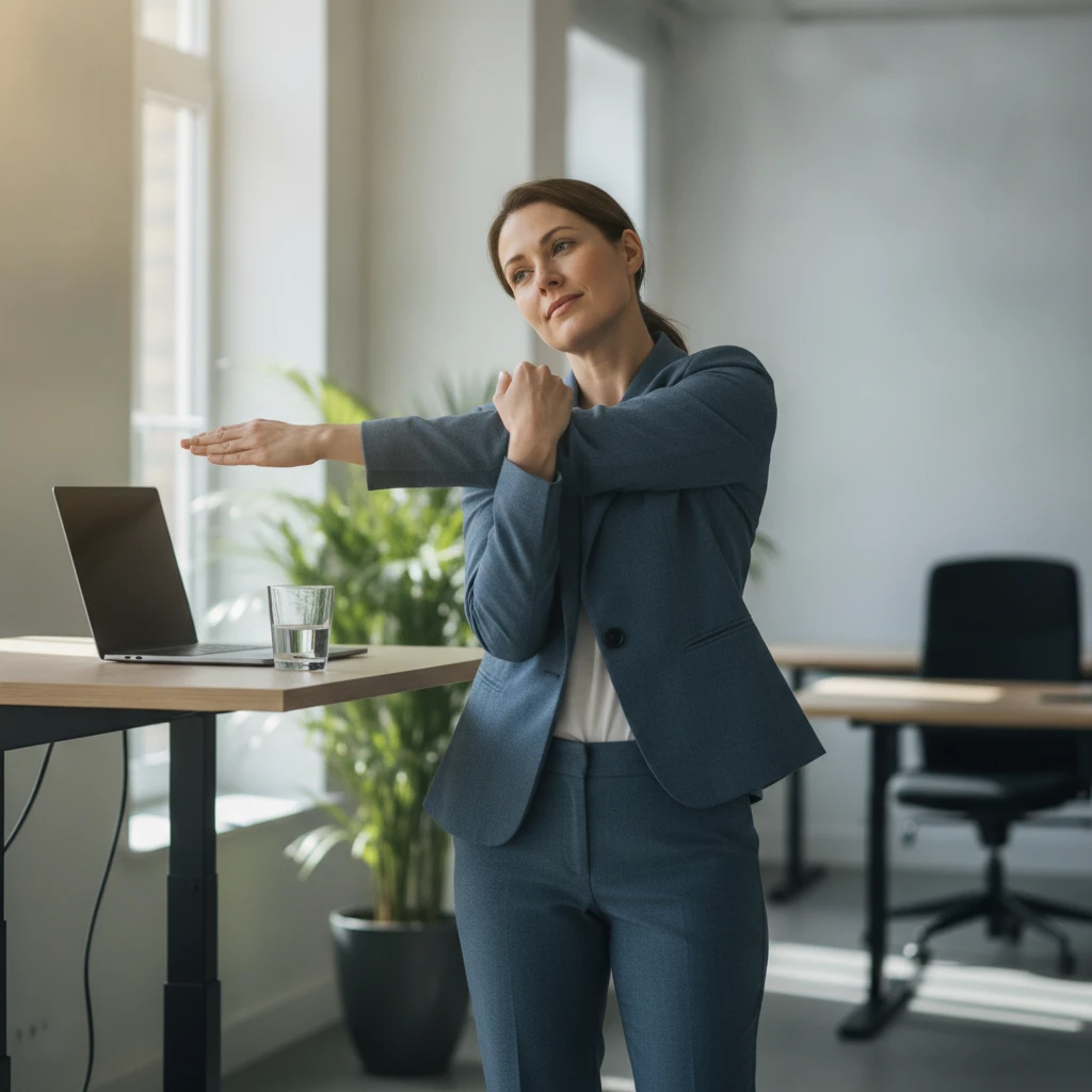 A busy professional in an office setting taking a short break to do some light stretches at their desk, looking refreshed and focused.