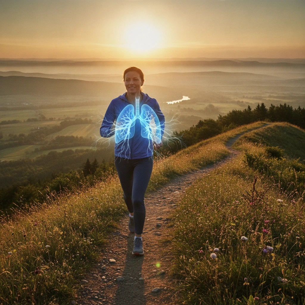 A person jogging on a scenic trail during sunrise, with healthy lungs depicted as an overlay, illustrating improved oxygen intake and cardiovascular health from exercise.