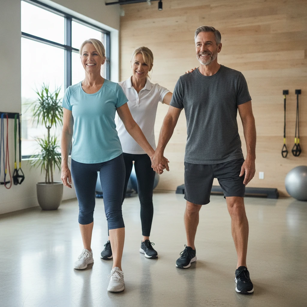 An adult couple, aged over 50, smiling and performing a gentle stretching exercise together in a bright, modern fitness studio. They are demonstrating good form with guidance from a trainer in the bac