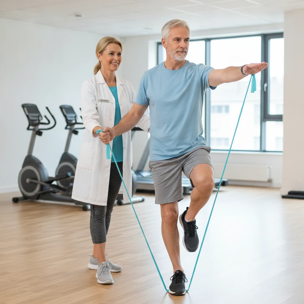 An experienced medical fitness coach guiding an adult over 50 through a balance exercise, holding a light resistance band, in a well-lit, clean gym environment. The client is focused, demonstrating go
