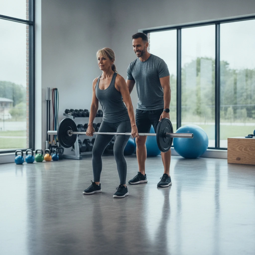 A professional fitness coach guiding a middle-aged woman through a strength training exercise with proper form in a clean, modern gym environment.