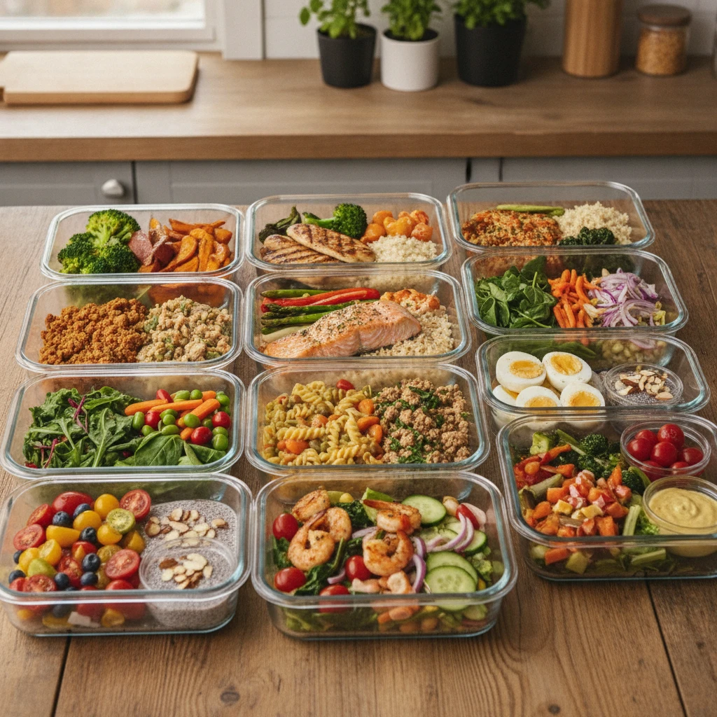 A colorful, balanced meal prep featuring lean protein, complex carbohydrates, and various fresh vegetables, organized in containers for healthy eating.