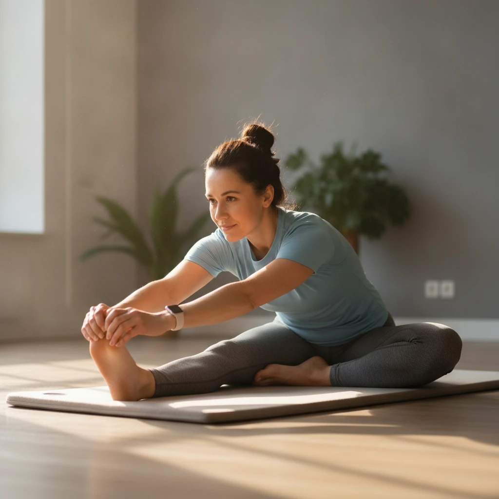 An adult performing a low-impact recovery stretch, illustrating the importance of active recovery for overall well-being and flexibility.
