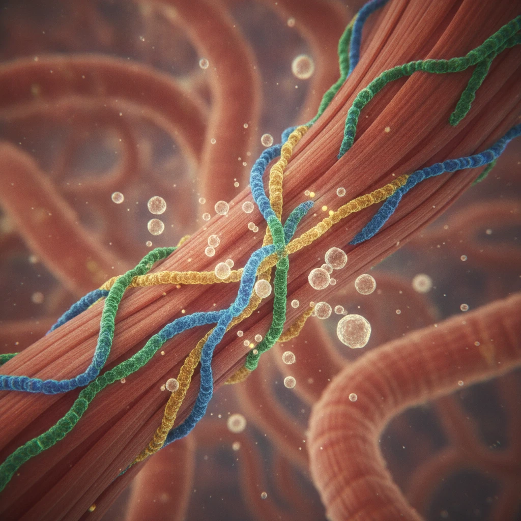 A microscopic view of peptide chains interacting with muscle cells, symbolizing the cellular mechanisms of peptide therapy for tissue repair.