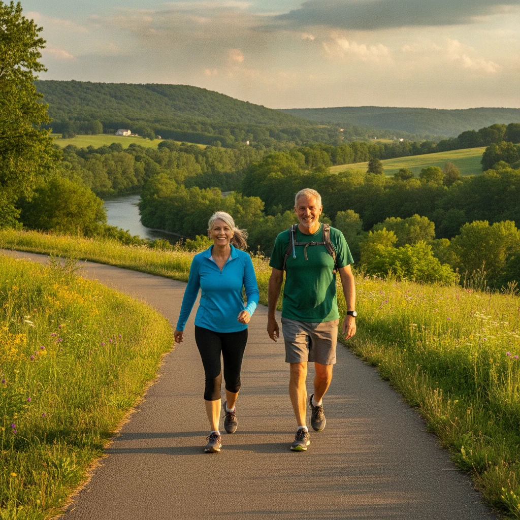 An adult couple in their late 50s smiling and walking briskly on a scenic trail in the Lehigh Valley, emphasizing healthy aging and an active lifestyle. They are wearing comfortable athletic wear.