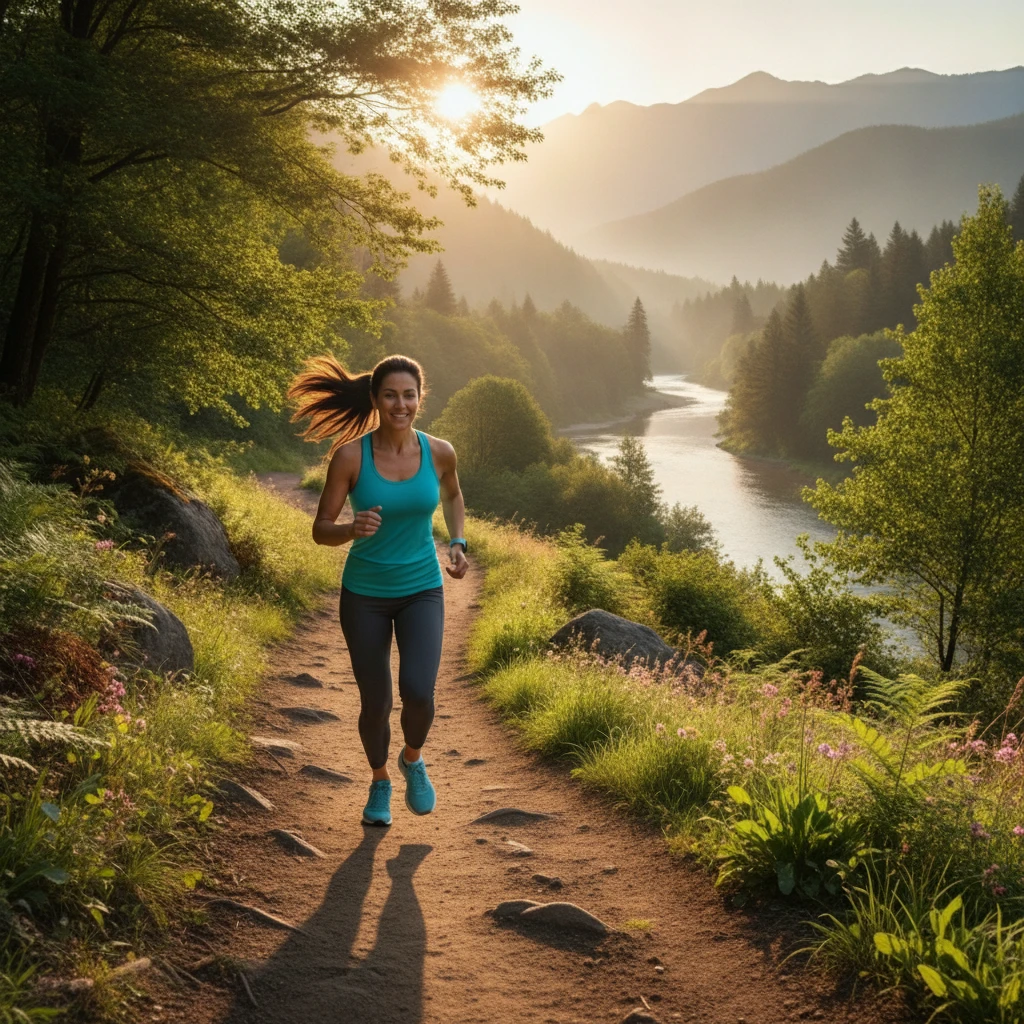 A person running confidently on a scenic trail at sunrise, symbolizing a long-term fitness journey.