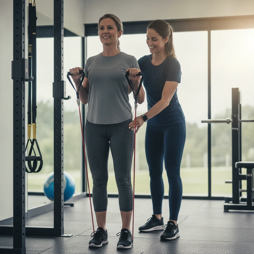 A personal trainer guides an adult woman through a resistance band exercise in a clean, modern gym setting. The focus is on proper form and personalized attention.