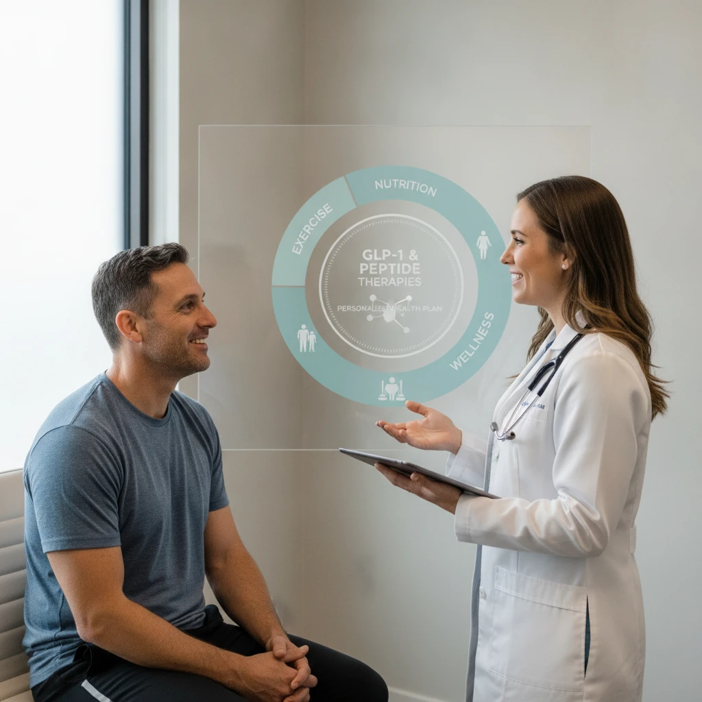 A healthcare professional discusses personalized treatment options with a patient, highlighting a balanced approach to health, possibly related to GLP-1 or peptide therapies.