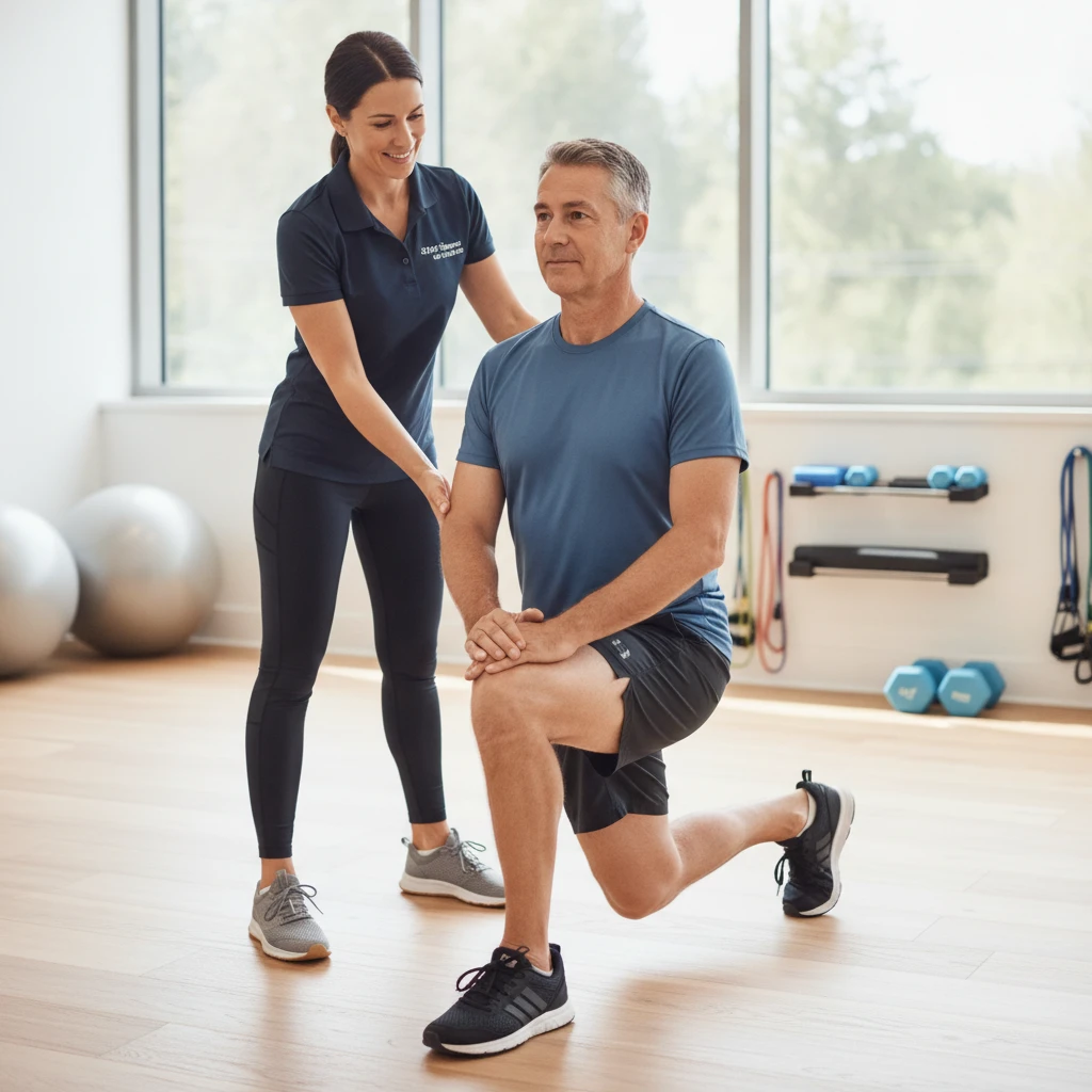 A professional medical fitness coach guiding an adult client through a low-impact exercise with proper form, highlighting personalized attention in a clean gym setting.