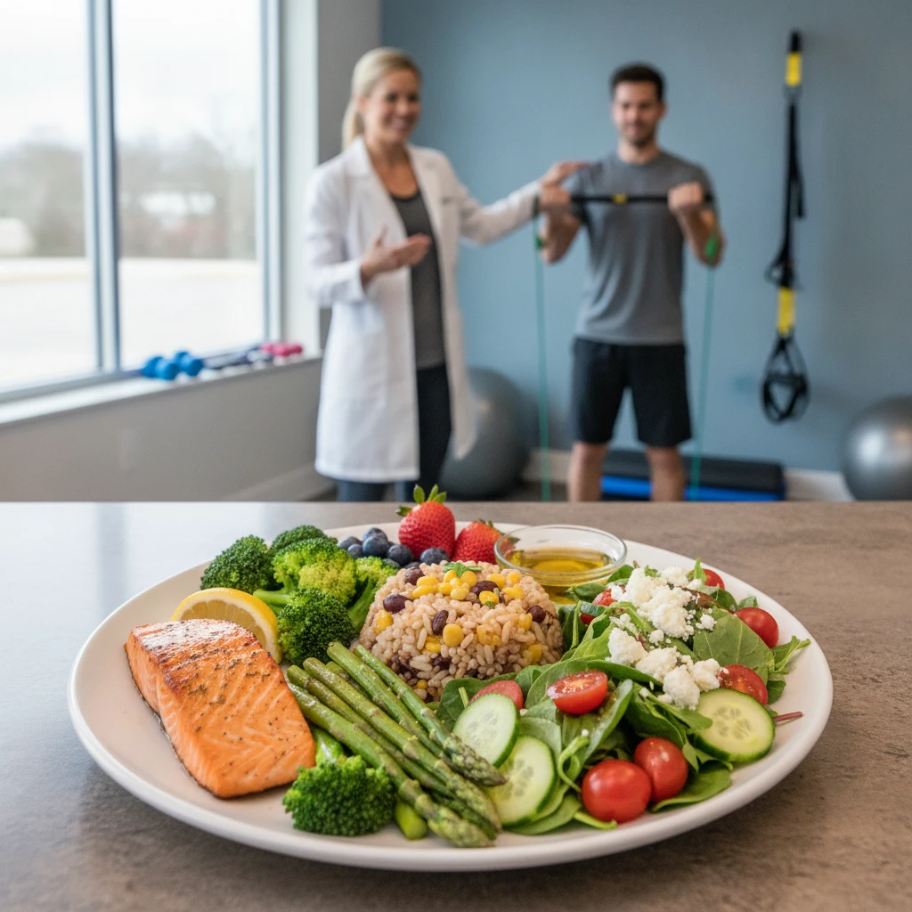 A detailed plate with various healthy, colorful foods, strategically portioned for balanced nutrition, with a medical fitness professional guiding a client in the background.