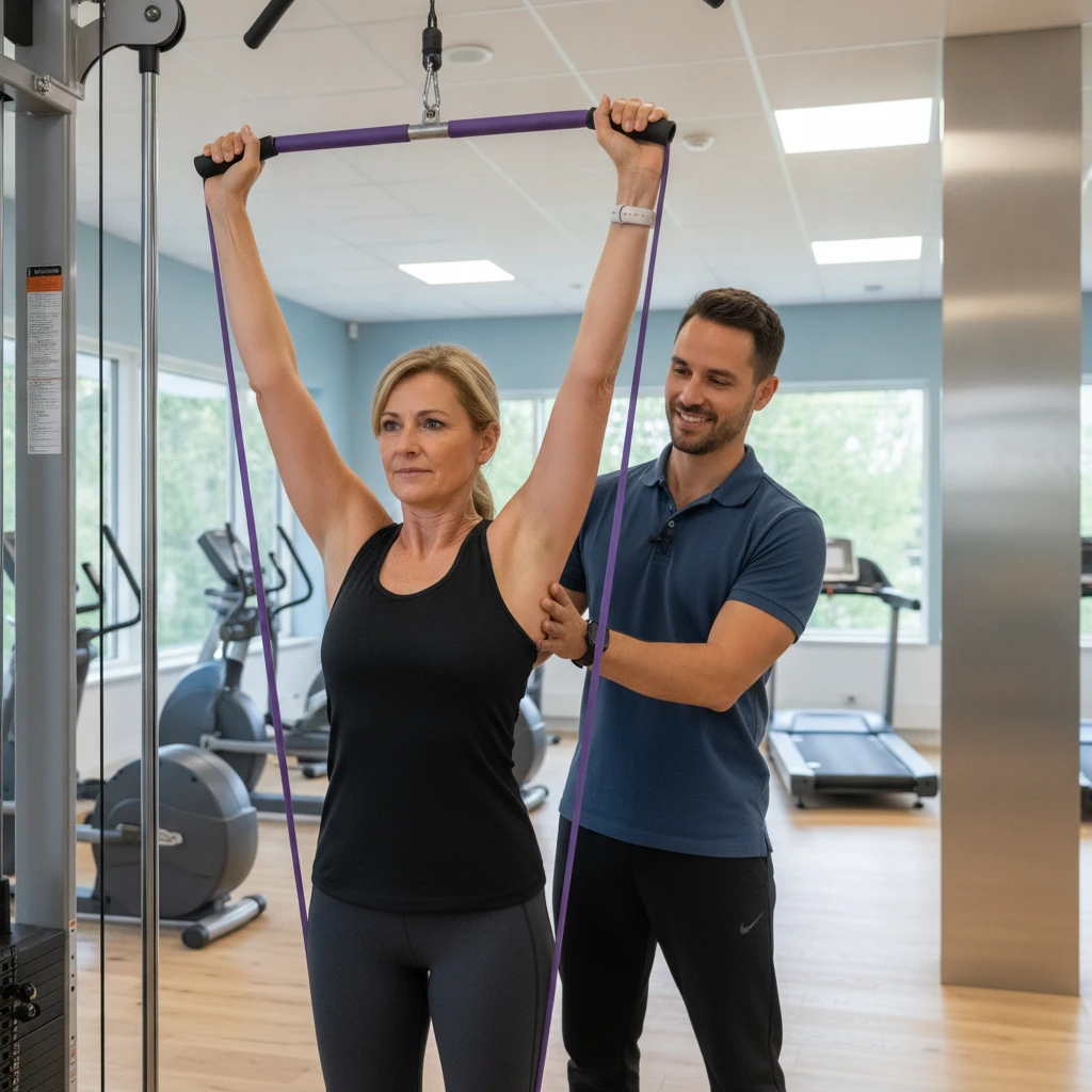 An adult woman in her 40s is performing a controlled resistance band exercise with proper form, guided by a professional coach in a clean, modern fitness facility. The setting emphasizes personalized 