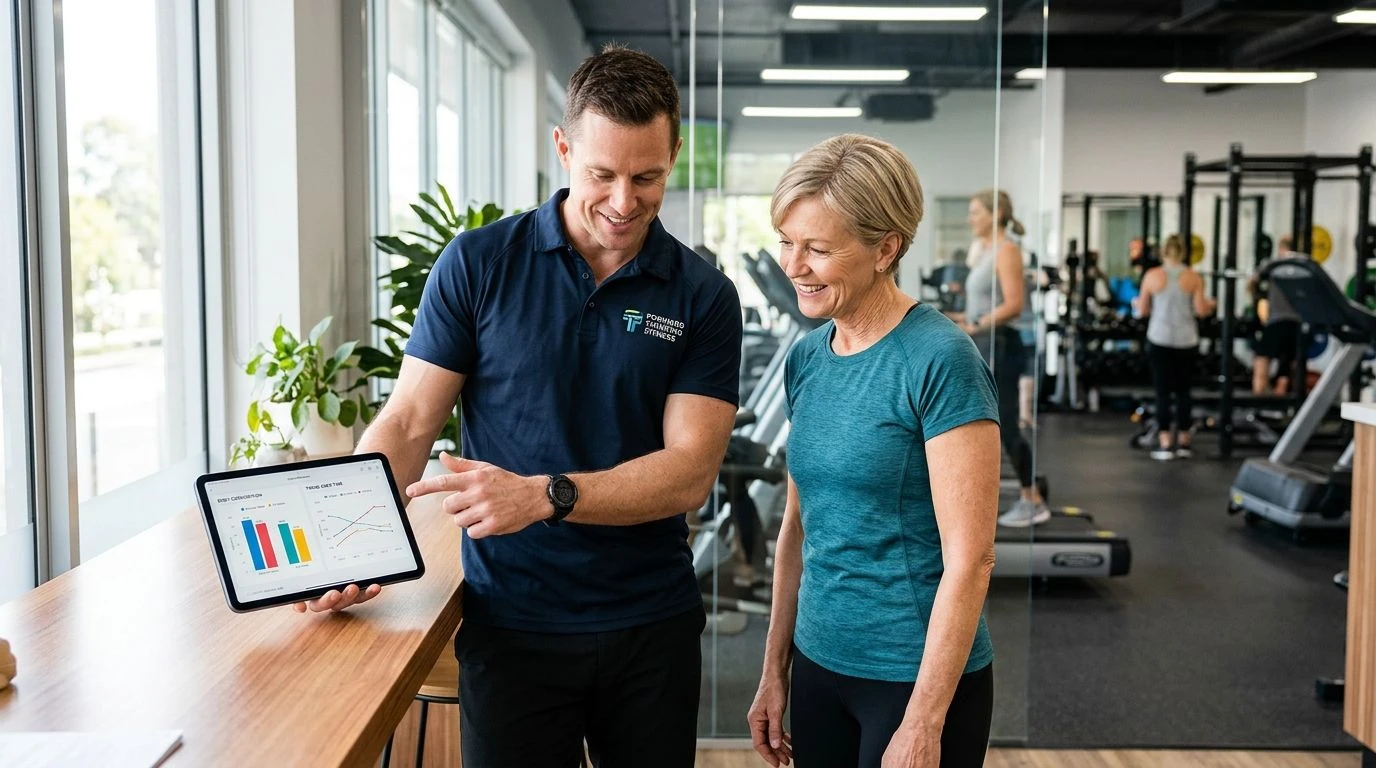 A male medical fitness coach is reviewing a tablet with a female client, both dressed in activewear, in a well-lit, modern consultation area. The tablet displays data charts related to body compositio