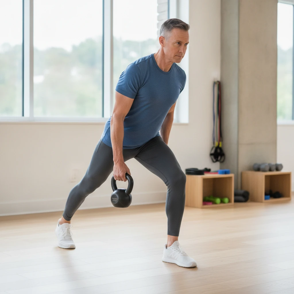 An active adult in their 50s performing a low-impact strength exercise with good form, demonstrating vitality and recovery. The setting is a bright, modern fitness studio like those in the Lehigh Vall