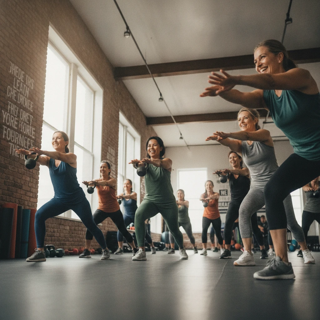 A diverse group of adults in a fitness class, smiling and engaging in functional movements, emphasizing community and active lifestyle in a Lehigh Valley gym setting.