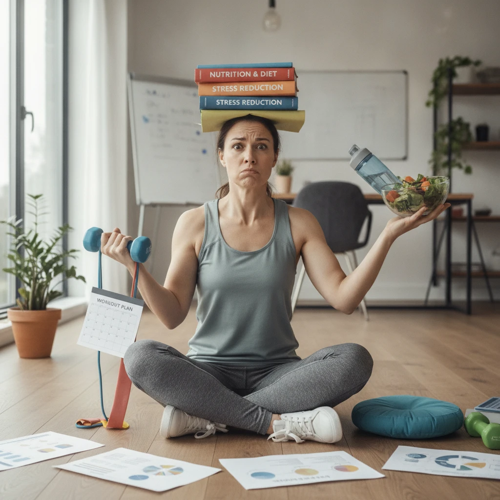 A person looking frustrated while trying to balance multiple health-related tasks like diet planning, exercise, and stress management, symbolizing the challenge of siloed health approaches.