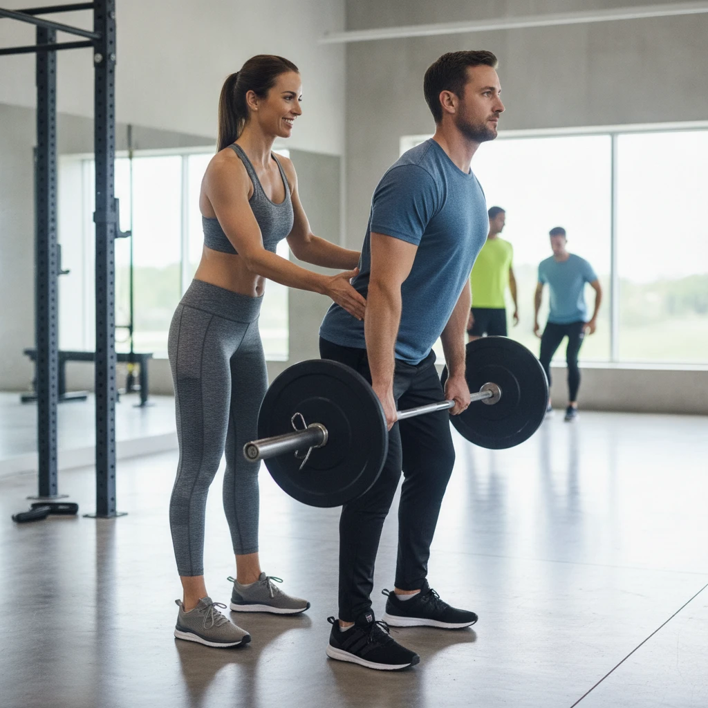 A personal fitness coach demonstrating a strength training exercise to a client in a modern, clean gym setting, highlighting proper form and personalized guidance.