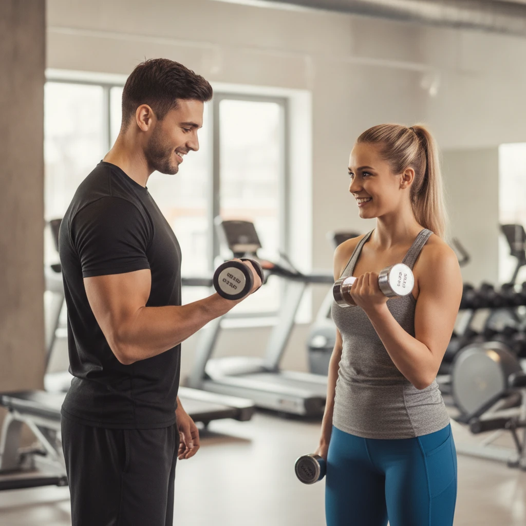 A personal trainer demonstrating a bicep curl with proper form to a female client in a modern, well-lit gym setting. Both are smiling and focused, illustrating a positive and instructional interaction