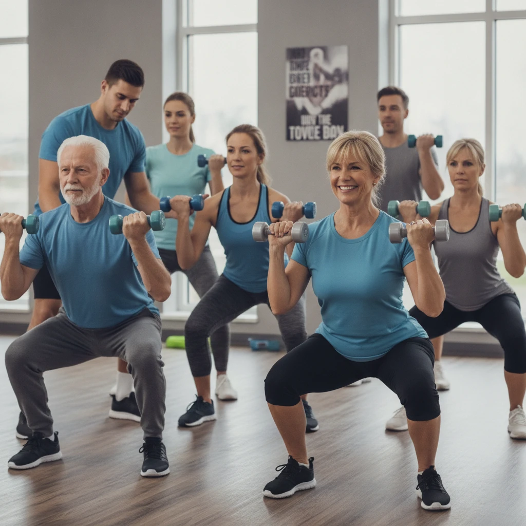 A diverse group of adults of varying ages, including a middle-aged woman and an older man, performing a functional strength exercise with light weights under the supervision of a personal trainer. The