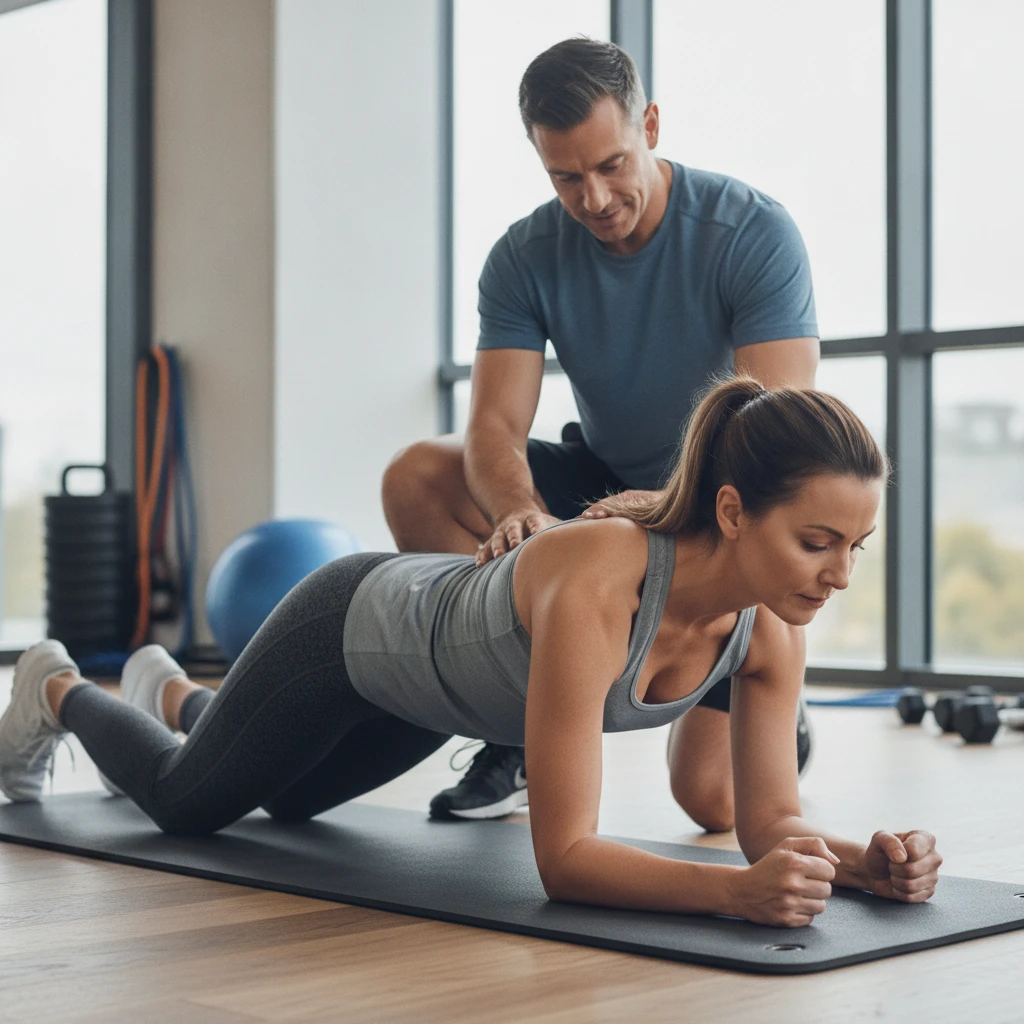 A professional woman in her late 30s or early 40s, looking determined while doing a modified plank exercise under the guidance of a personal trainer. The trainer is offering support and feedback, indi
