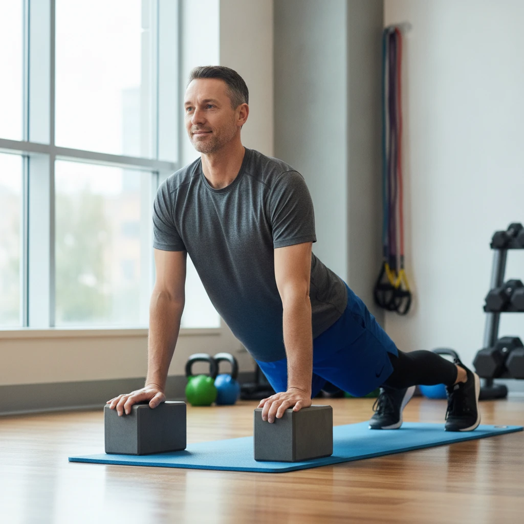 A man in his mid-40s stretching gently after a workout, focusing on hip mobility and back extension. He is wearing athletic wear in a well-lit gym setting.