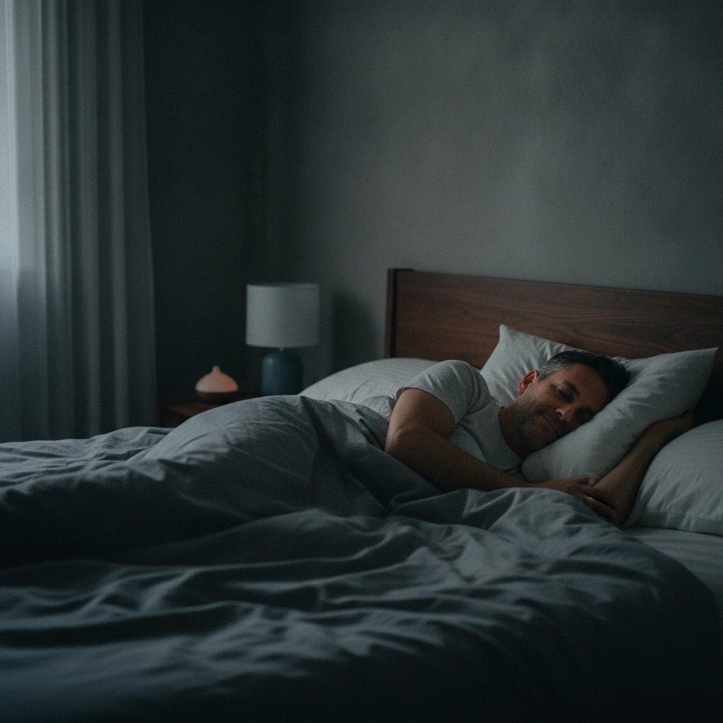 A person sleeping peacefully in a dark, quiet bedroom, highlighting the importance of a good sleep environment for recovery.