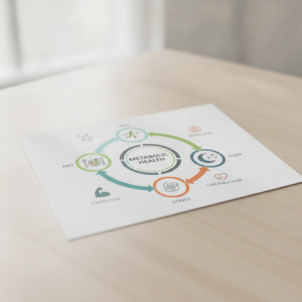 An infographic depicting various factors influencing metabolic health, such as diet, exercise, sleep, and stress, with arrows showing their interconnectedness.