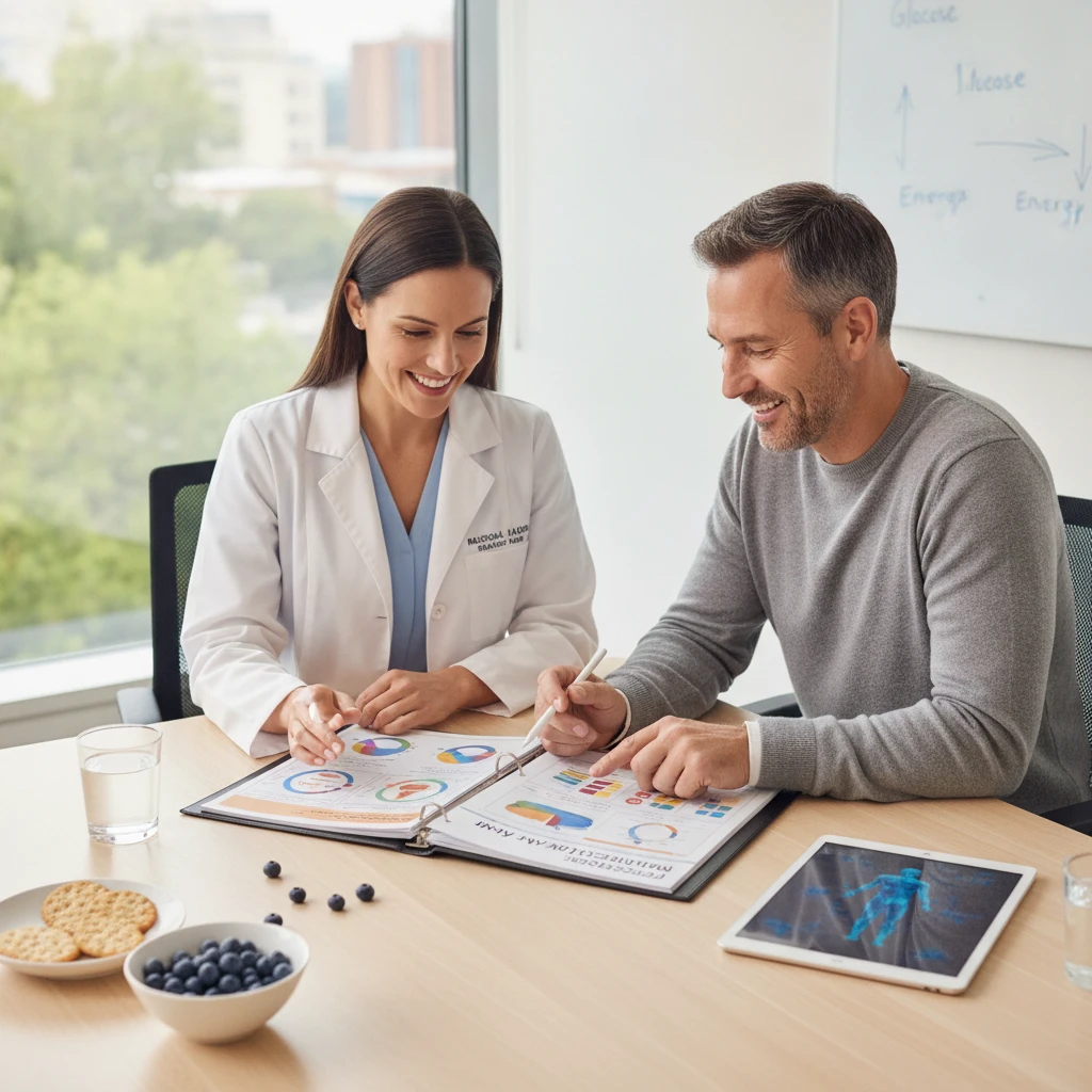 A dietitian consulting with an adult client, reviewing a personalized meal plan and discussing food choices for metabolic health improvement.