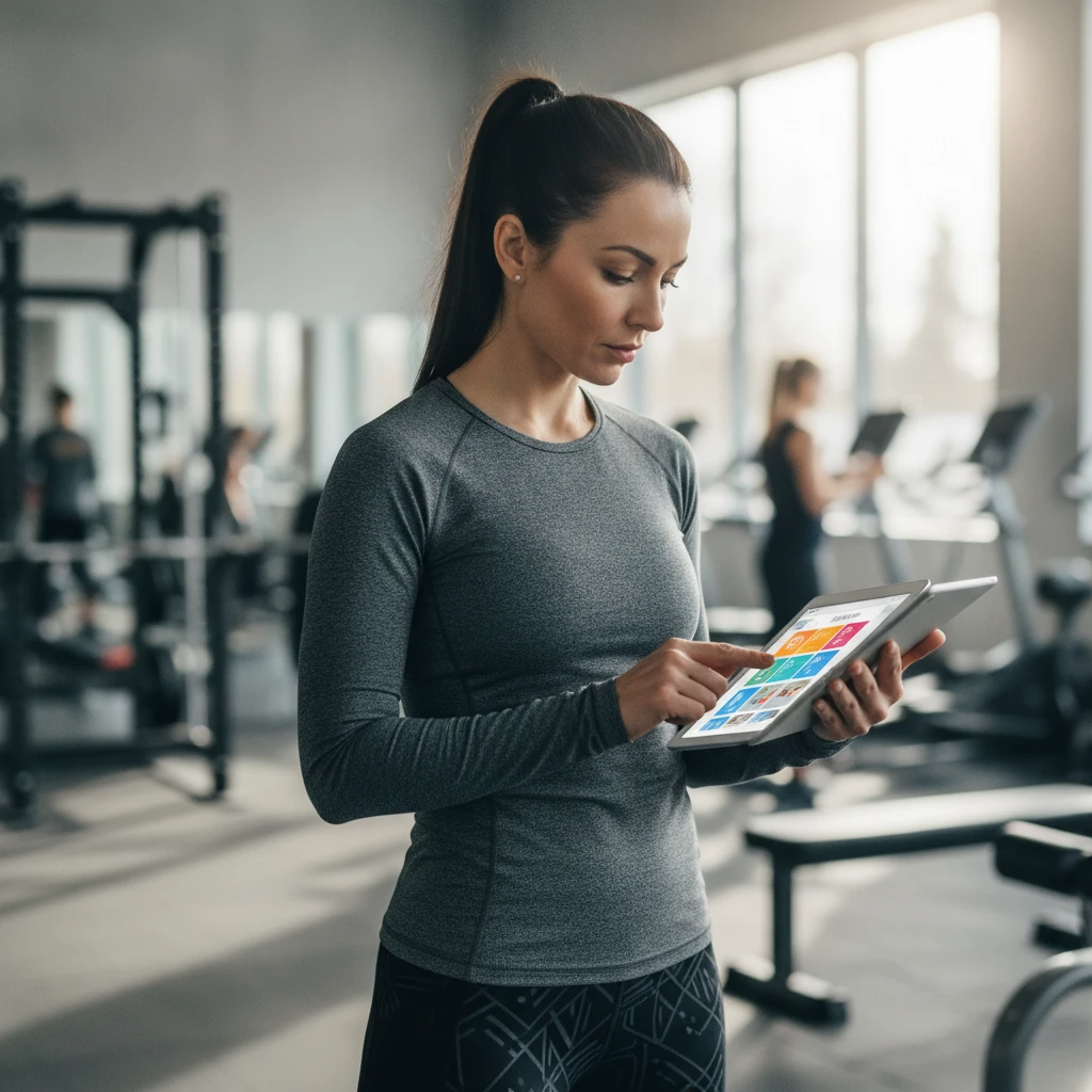 A busy professional, a woman in her late 30s, looking determined while reviewing a personalized fitness plan on a tablet, with a gym background slightly blurred. She appears focused and ready to imple