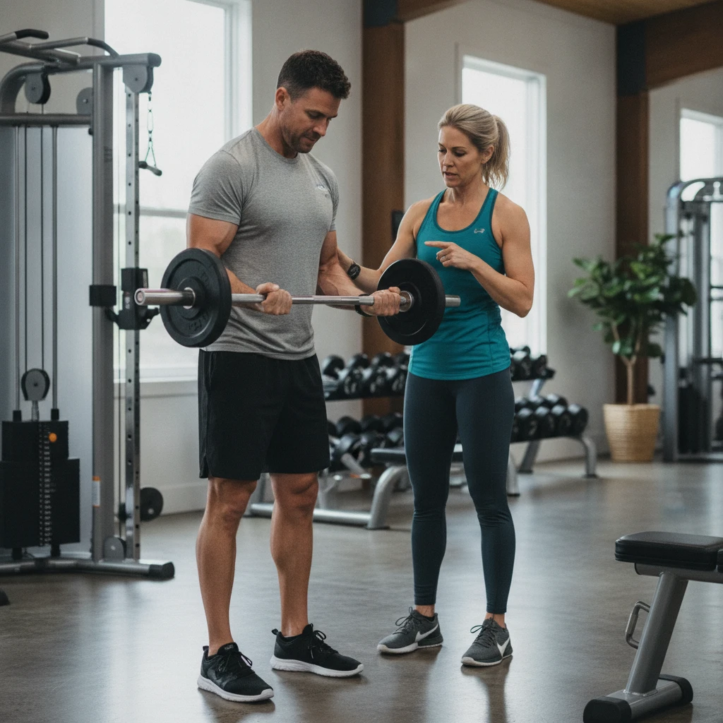 An adult client performing a bicep curl with excellent form, guided by a personal fitness coach who is observing and providing real-time feedback in a modern, well-equipped gym setting. Both are focus