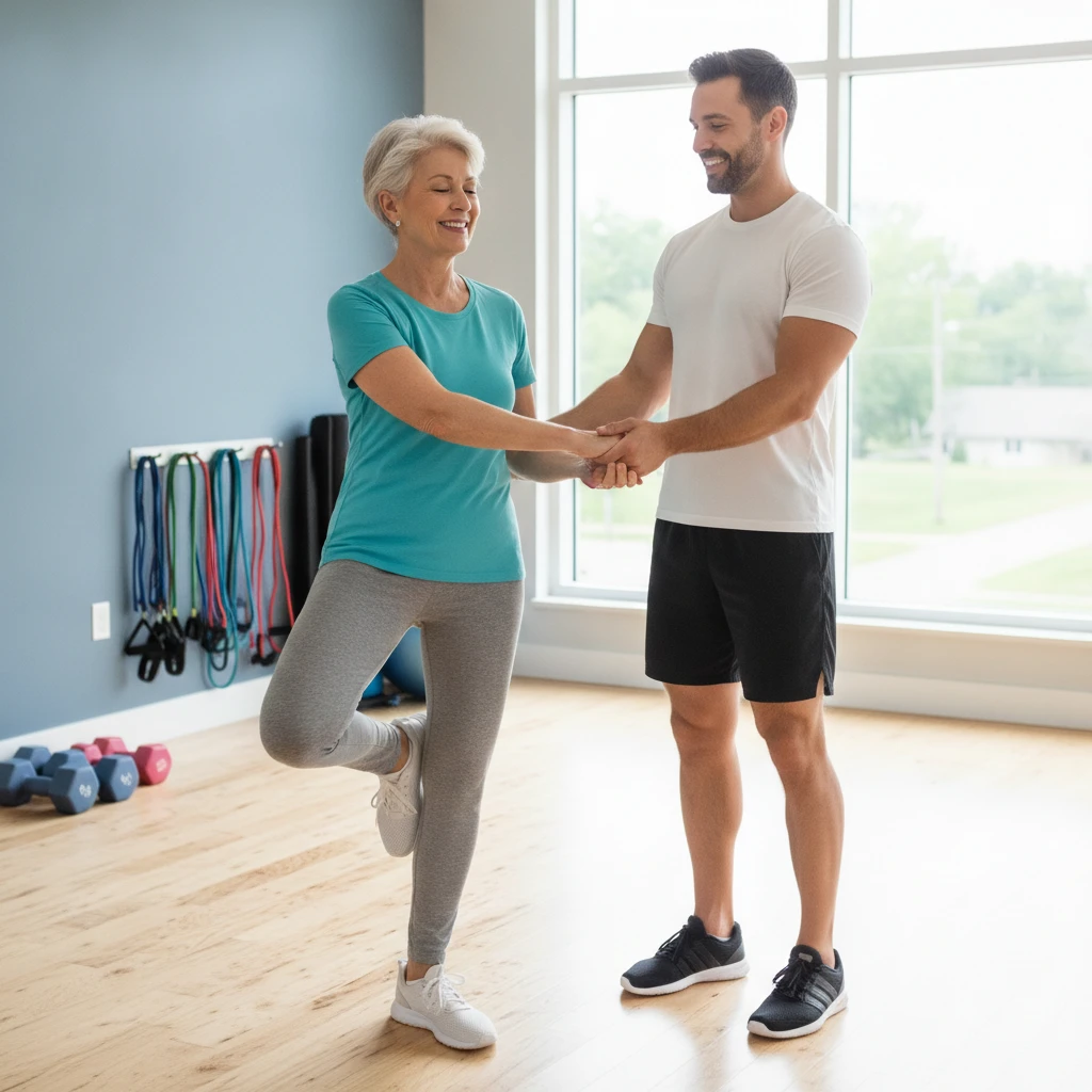 An older adult, perhaps in their late 60s, is actively engaging in a guided balance exercise with a personal trainer in a clean, modern fitness studio. The adult is smiling and stable, demonstrating e