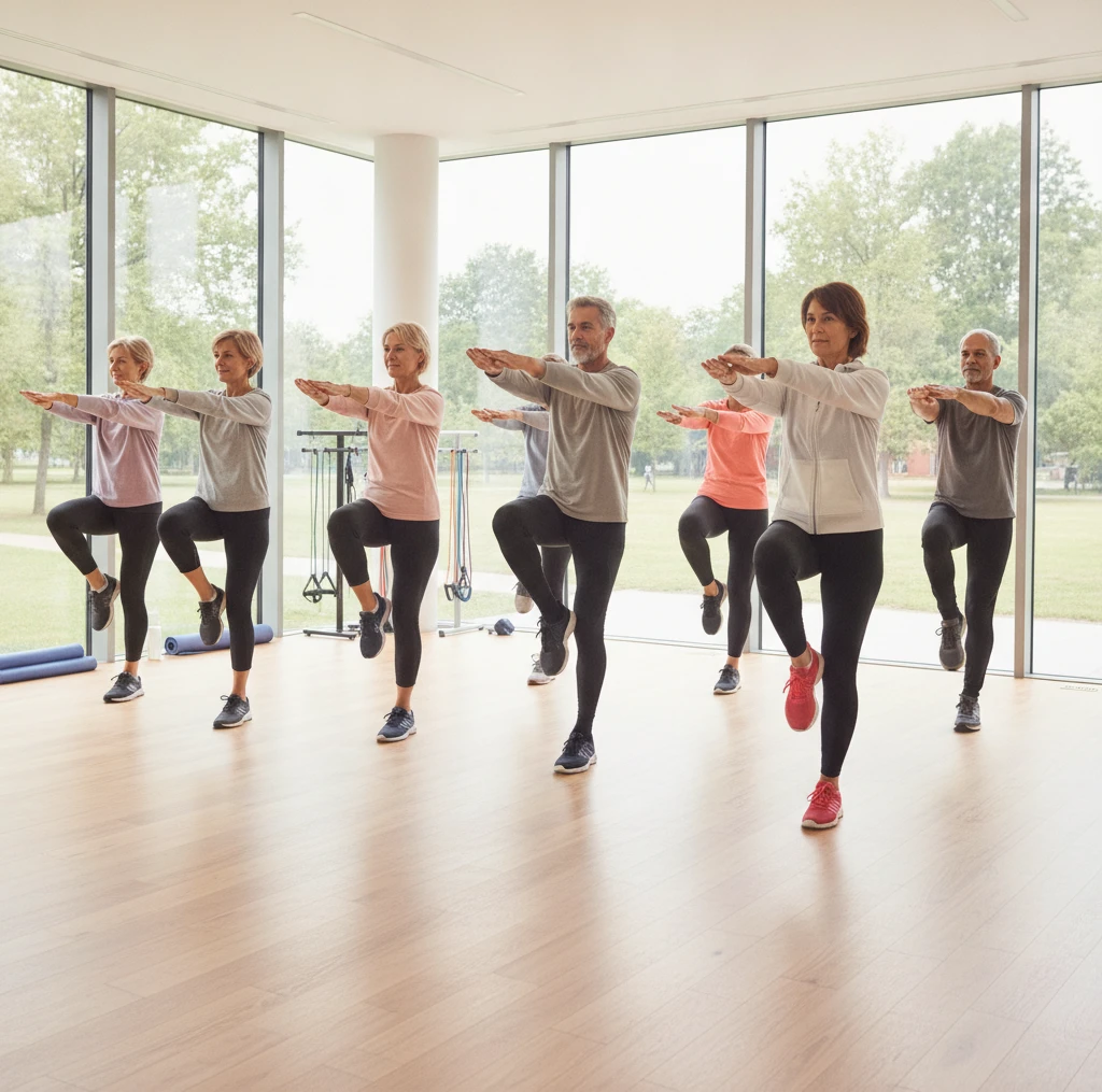 A diverse group of adults of varying ages, perhaps 40s to 60s, participating in a dynamic, low-impact group exercise class. They are performing controlled movements that emphasize balance, core streng