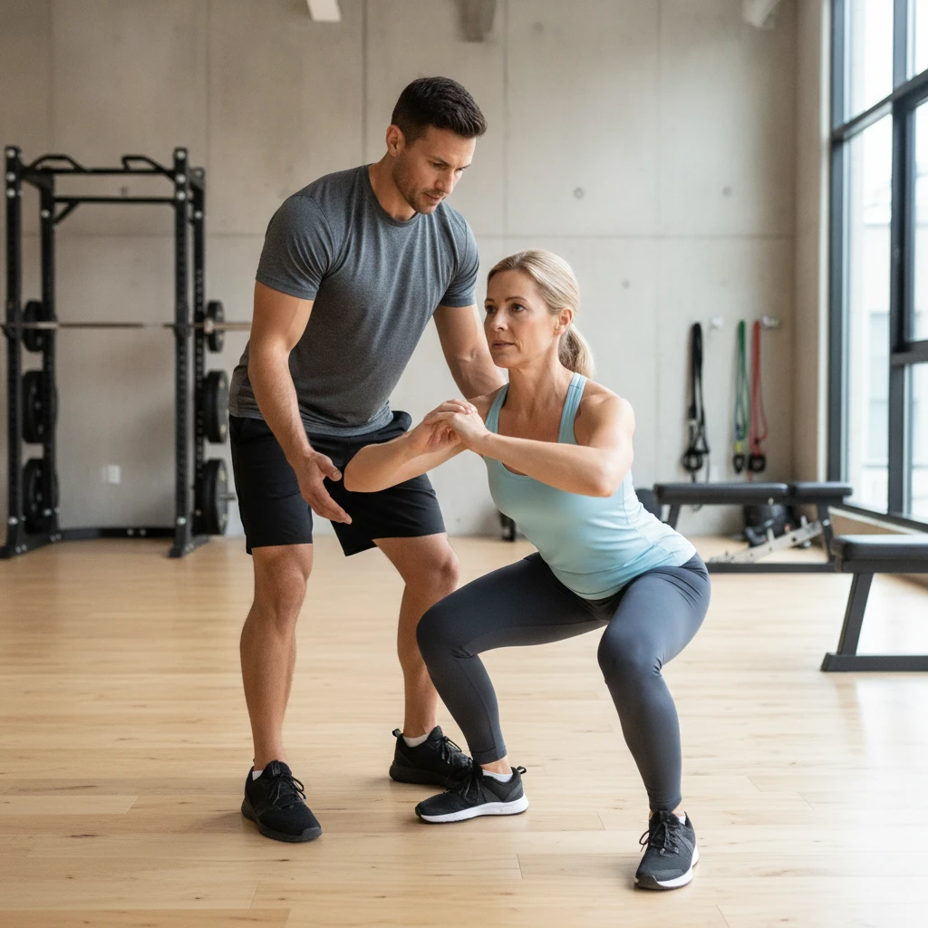 A professional personal trainer in a clean, modern gym environment guiding an adult client through a light squat assessment. The client is focused, and the trainer is observing their form closely. The
