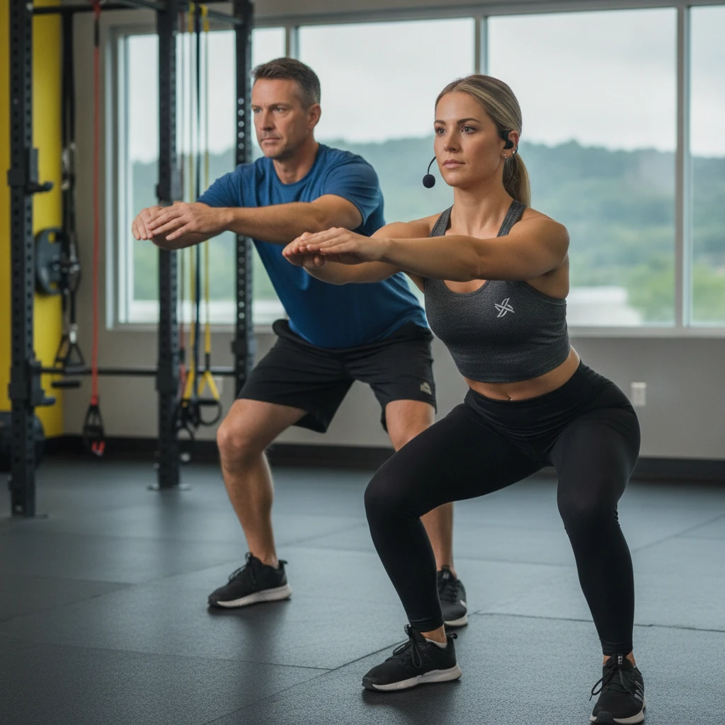 A personal trainer is actively demonstrating correct squat form to an adult client in a gym setting. The trainer is illustrating the proper hip hinge and knee alignment, and the client is attentively 