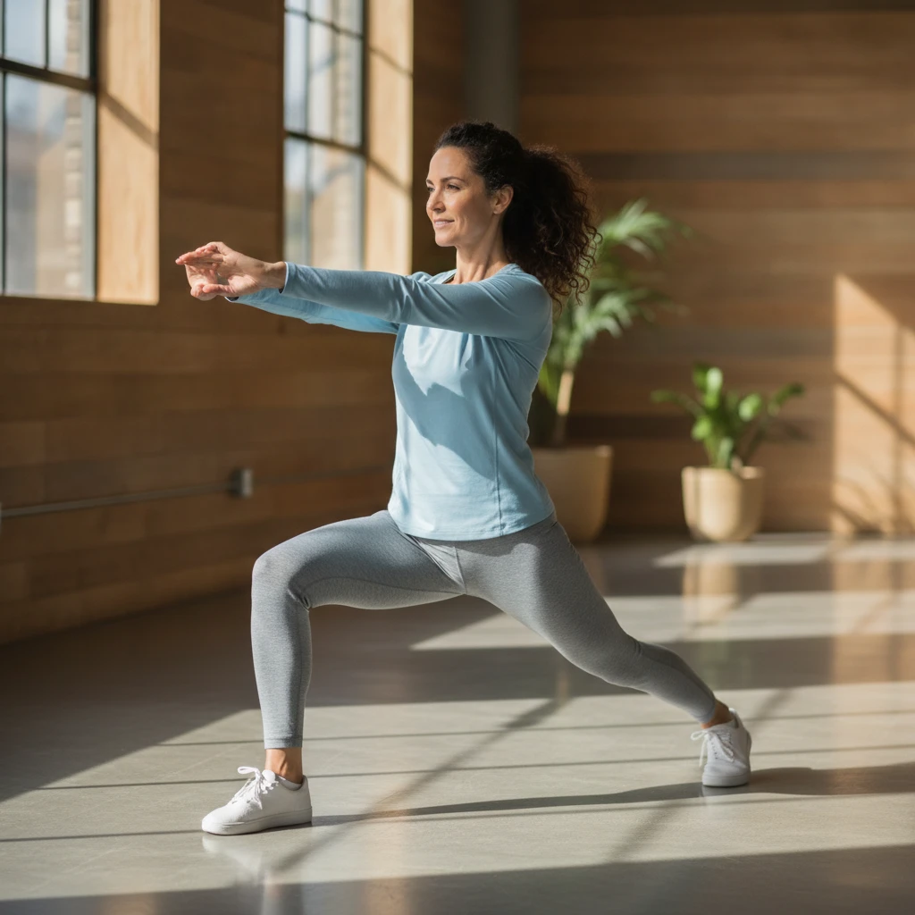 An adult woman in her 40s performing gentle dynamic stretches in a bright, open space, demonstrating fluidity and ease of movement.