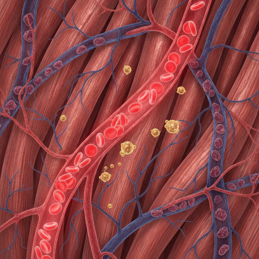 Close-up illustration of blood vessels and muscle fibers, showing increased blood flow and nutrient exchange during light activity, with waste products being flushed away.