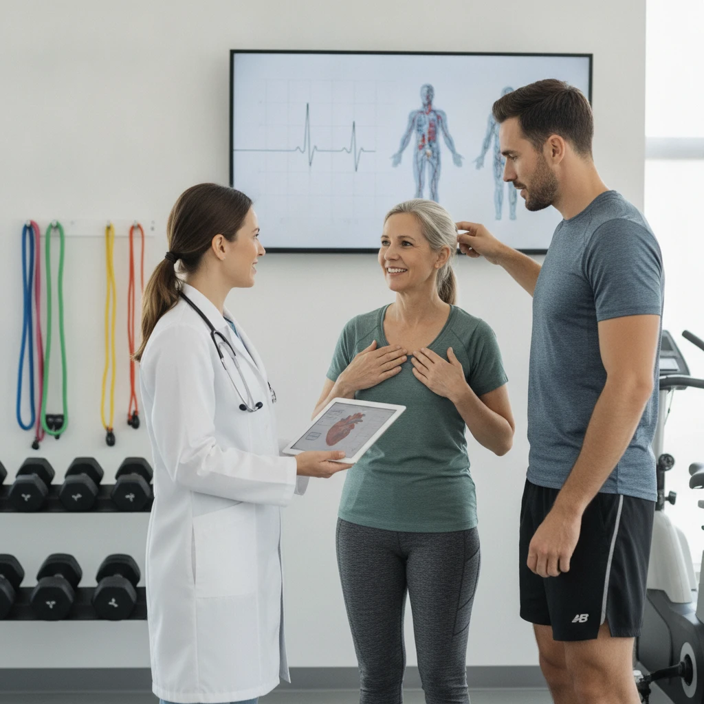 A physician and a fitness professional discussing a client