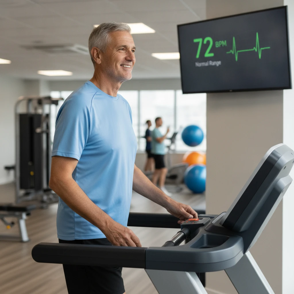 An older adult smiling while walking on a treadmill in a medical fitness setting, with a heart rate monitor displayed on a screen nearby, showing healthy vitals.
