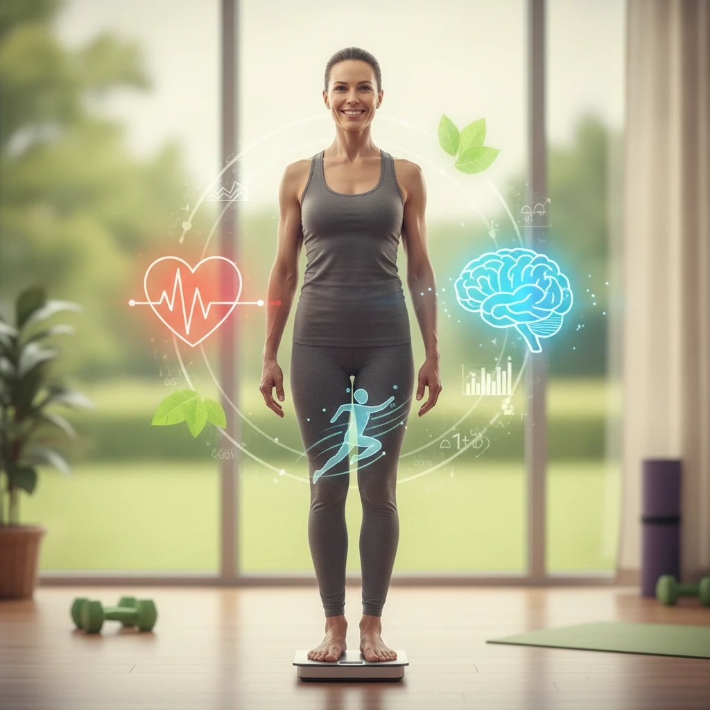 An illustration depicting a balanced individual standing on a scale, with various health indicators like a strong heart, clear mind, and active body surrounding them, symbolizing holistic wellness ove