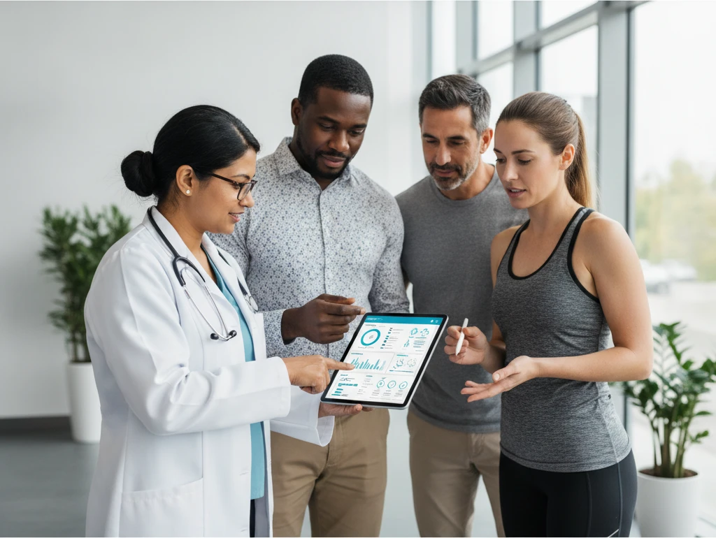 A diverse group of medical professionals (doctor, dietitian, fitness coach) collaboratively reviewing a personalized health plan on a tablet, with a client looking on. The setting is a modern clinic o