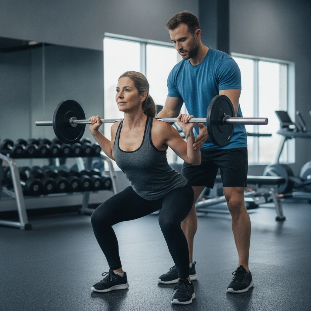 An adult woman in her 40s demonstrating a controlled squat with proper form under the guidance of a personal trainer in a modern gym setting. They are focused and engaged, highlighting personalized at