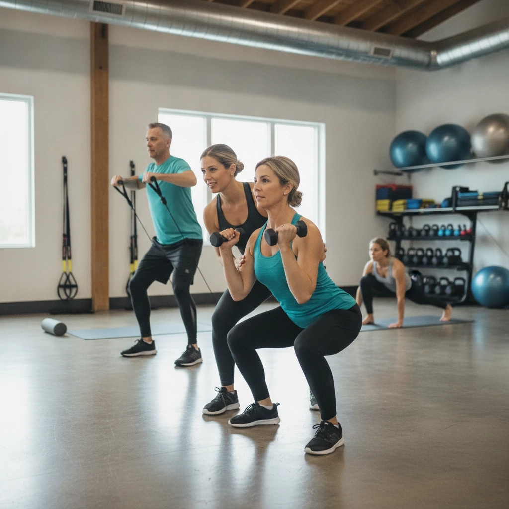 A diverse group of adults in a modern, clean fitness studio, engaged in a personalized training session. One trainer assists a woman with proper form on a strength exercise, while another client uses