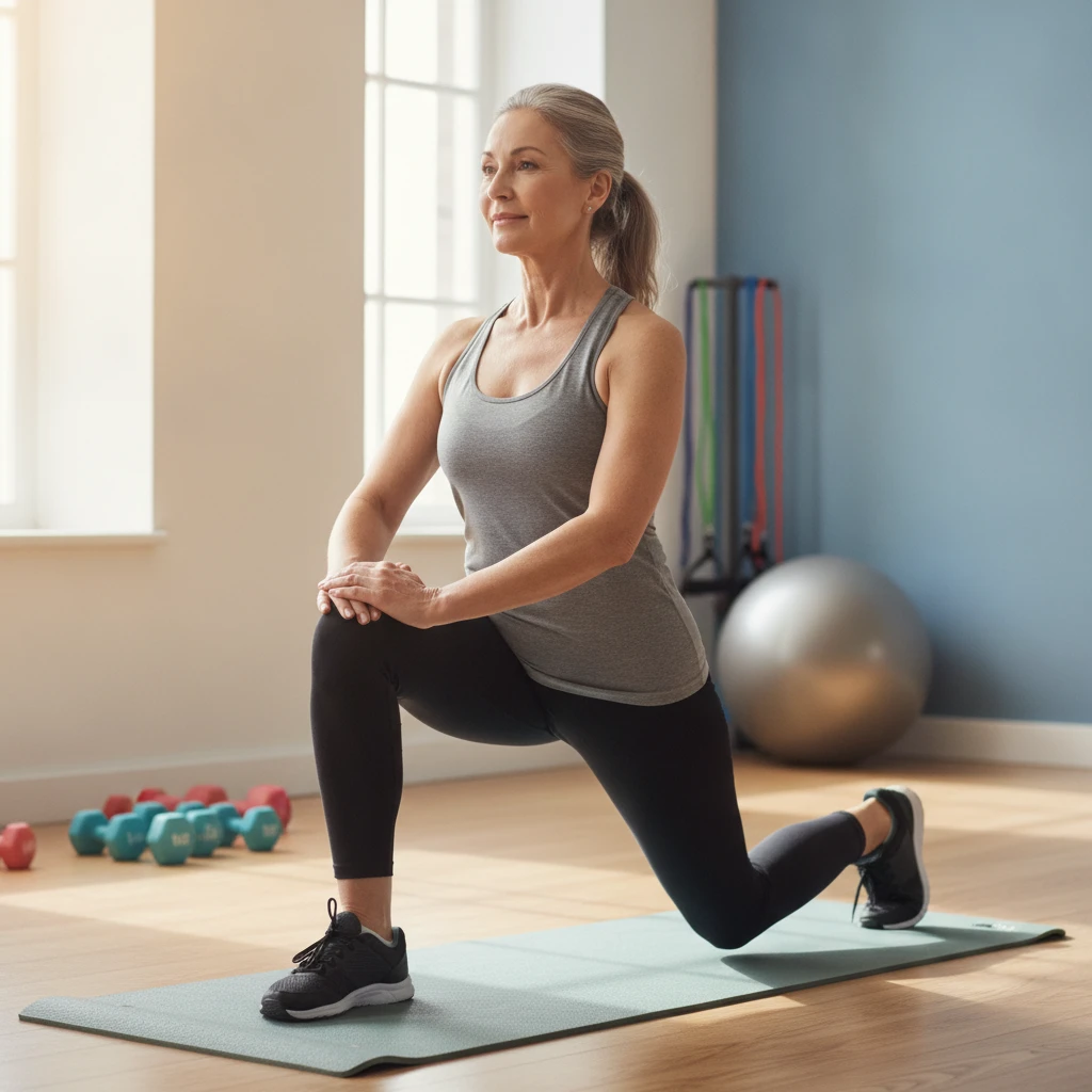 An older adult stretching gently before a workout, focusing on hip mobility. The scene is in a well-lit gym with natural light, emphasizing a safe and controlled environment.
