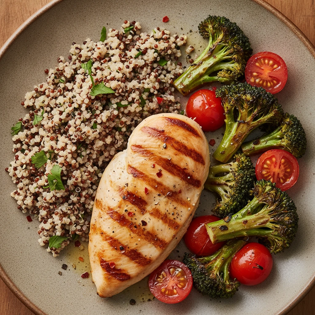 A vibrant, balanced plate featuring grilled chicken, quinoa, roasted broccoli, and cherry tomatoes, illustrating a healthy, non-restrictive meal.